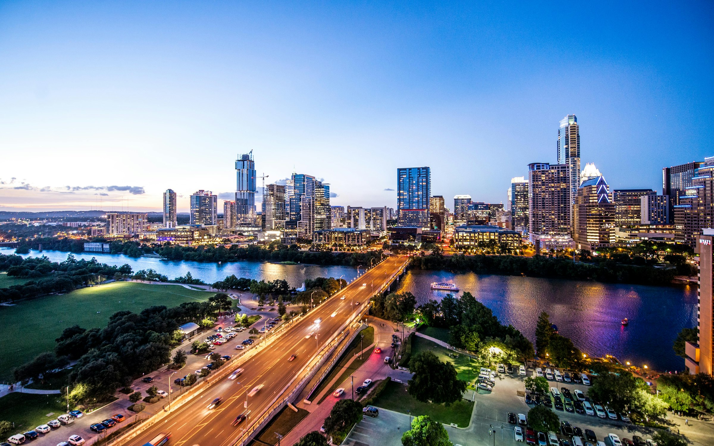 Aerial view of the Austin skyline at dusk